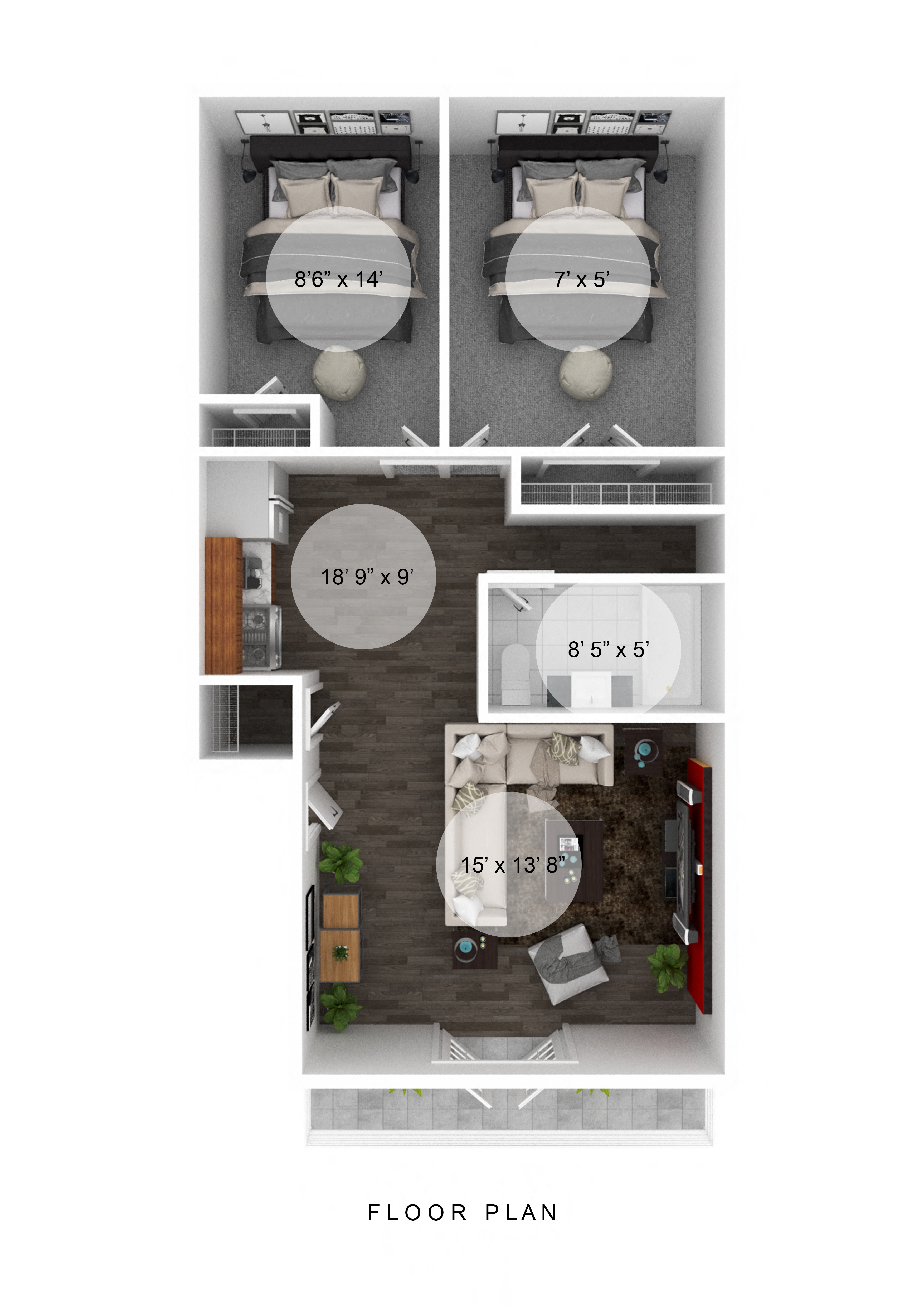 Floor plan for 2 beds, 1 bath, 670 sqft